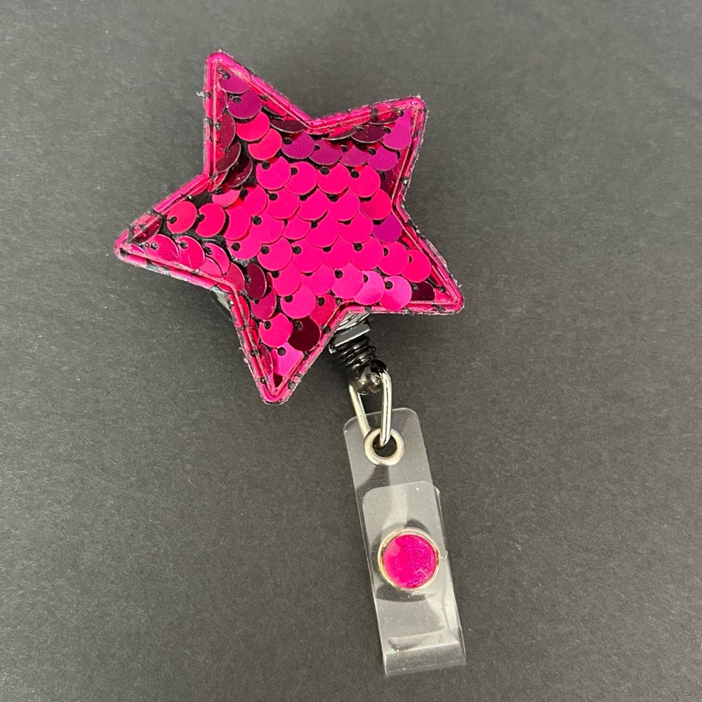 Fun Pink Sequin Star Retractable Reel Badge Holder Nurse RN MA Pediatrics